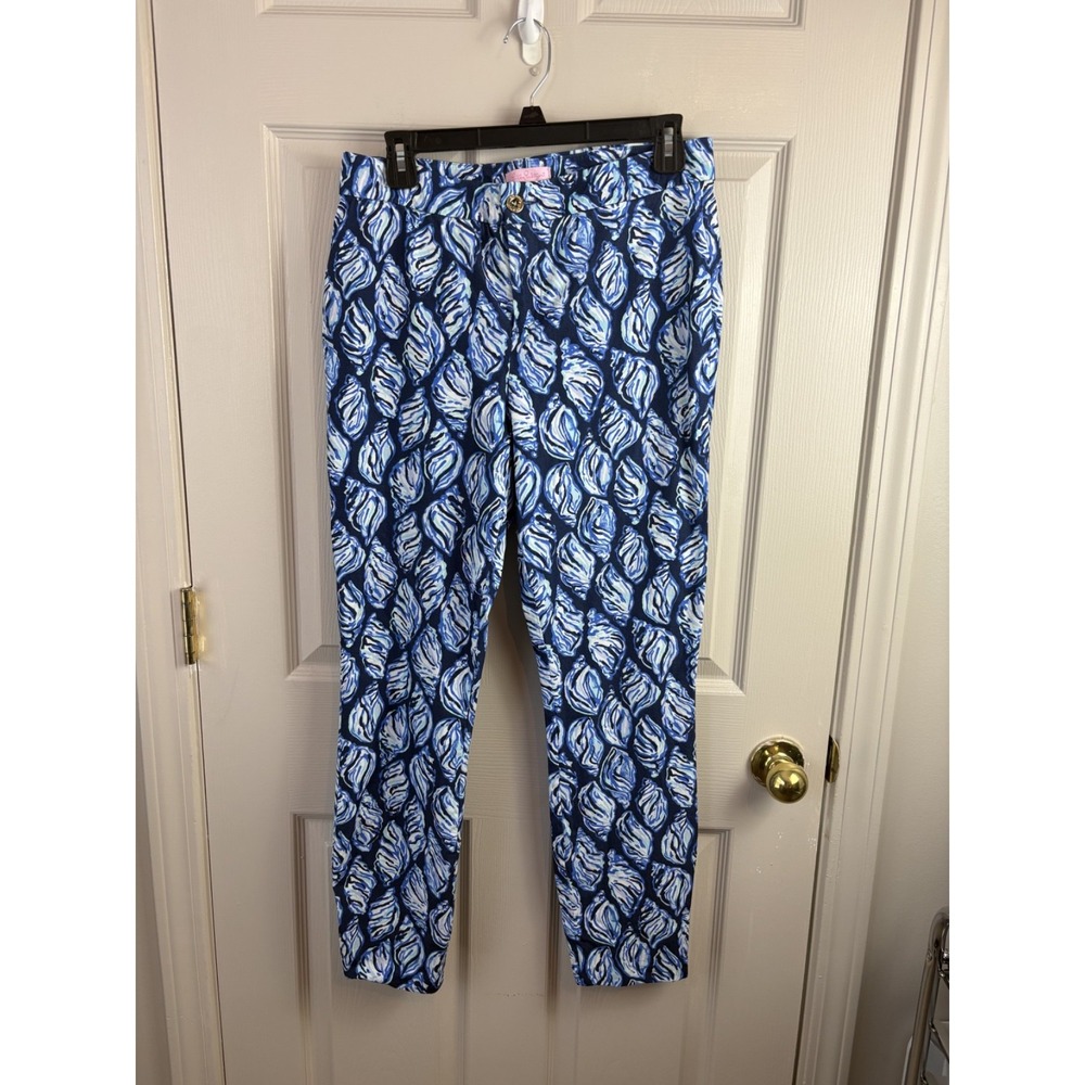 Lilly Pulitzer Ankle Pants Womens 10 Blue Shell Print Excellent Stretch Slim